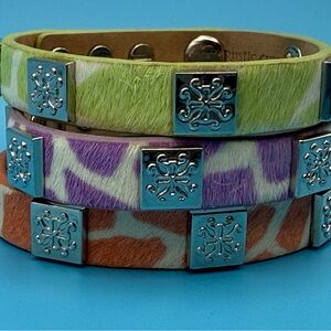 Rustic Cuff Bracelet Set Of 3, Purple , White, Green & Orange Genuine Leather